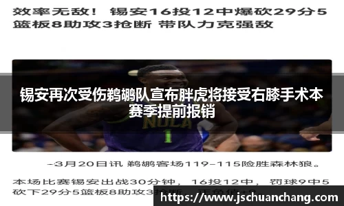 锡安再次受伤鹈鹕队宣布胖虎将接受右膝手术本赛季提前报销
